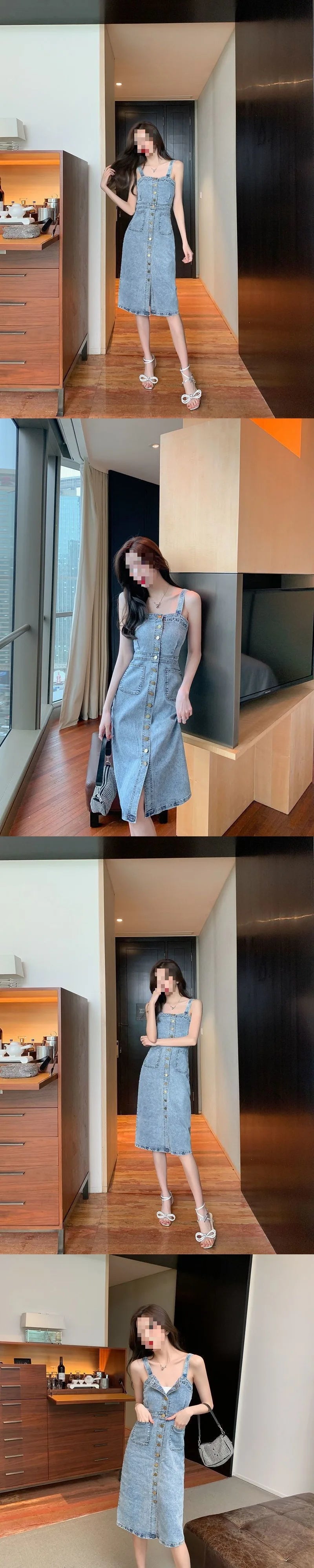 Denim Dress Sexy Style New Arrival Ins Strap Waist Single Breasted Stitching Female Bodycon Midi Dresses Female Vestidos
