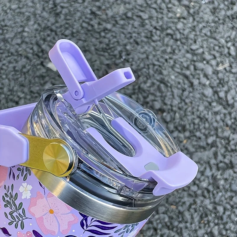 1pc Lightweight Luxury Floral Stainless Steel Thermos Flask 900ML Large Capacity Outdoor Water Bottle with Straw and Handle