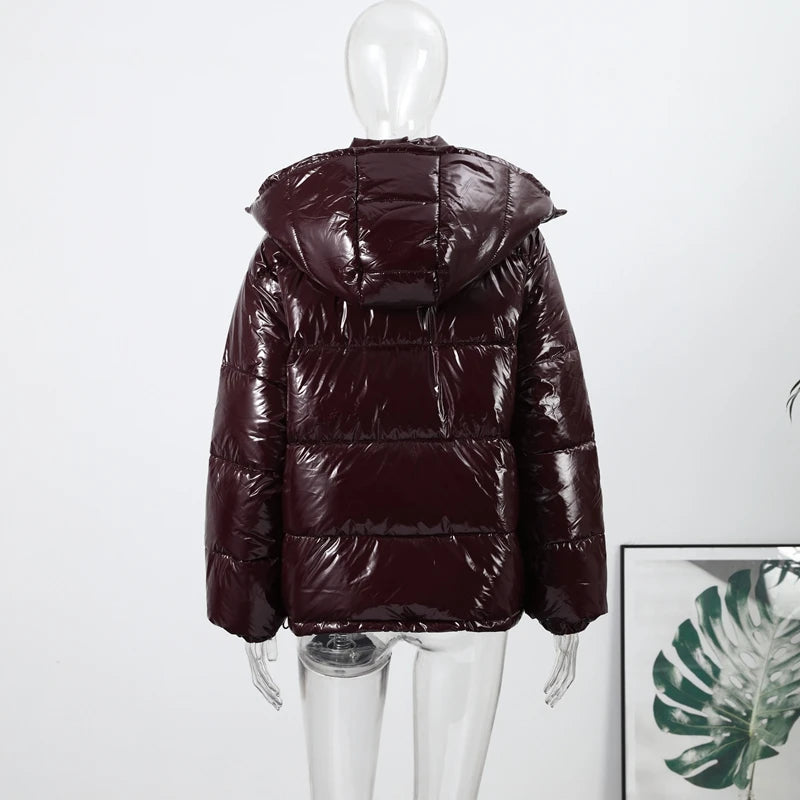 High Street Women's Glossy Zipper Hooded Coats Warm Elastic Waist Pleated Short Cotton Female Jacket 2026 Winter New Lady Outfit