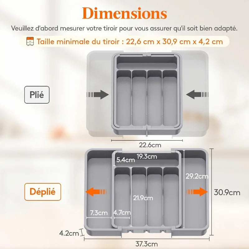 4 Grid Expandable Kitchen Drawer Organizer Adjustable Retractable Cutlery Storage Box with Divider for Utensils,Drawer Organizer