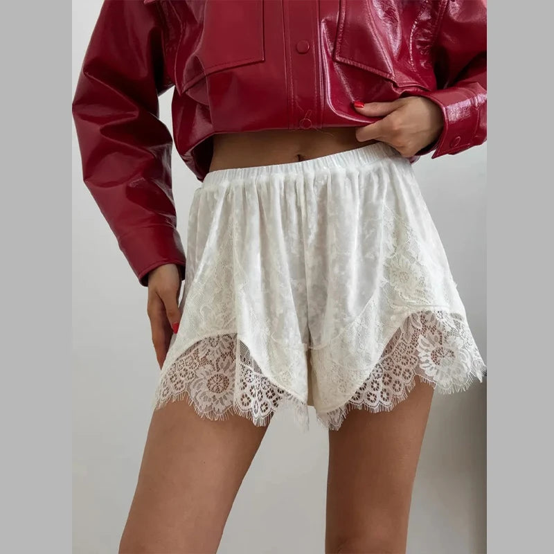 Fashion Mint Green Velvet Shorts Women Pink Lace Insert Elastic Waist Short Pants 2026 Summer New Lady Soft Cozy Lounge Bottoms