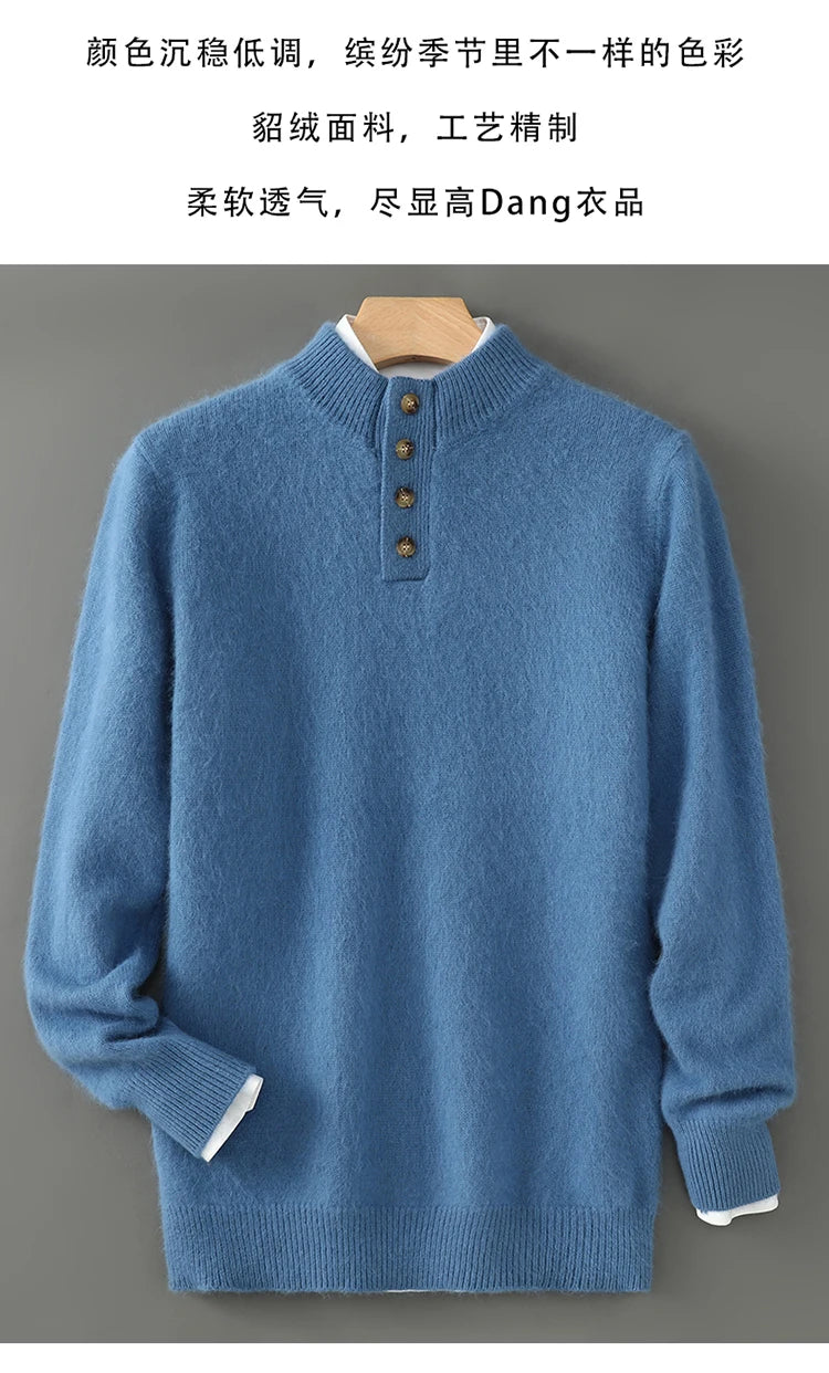 Men's Thicken 100%Pure Mink Cashmere Sweater Youth Button Semi-High Neck Loose Knit Pullovers Autumn and Winter Warm Base Shirt
