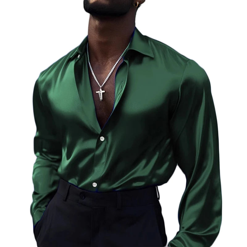 2025 Spring Fashionable Mens Silk Shirt Stylish Solid Color Long Sleeve Button-up Shirts Men New Casual Turn-down Collar Shirt