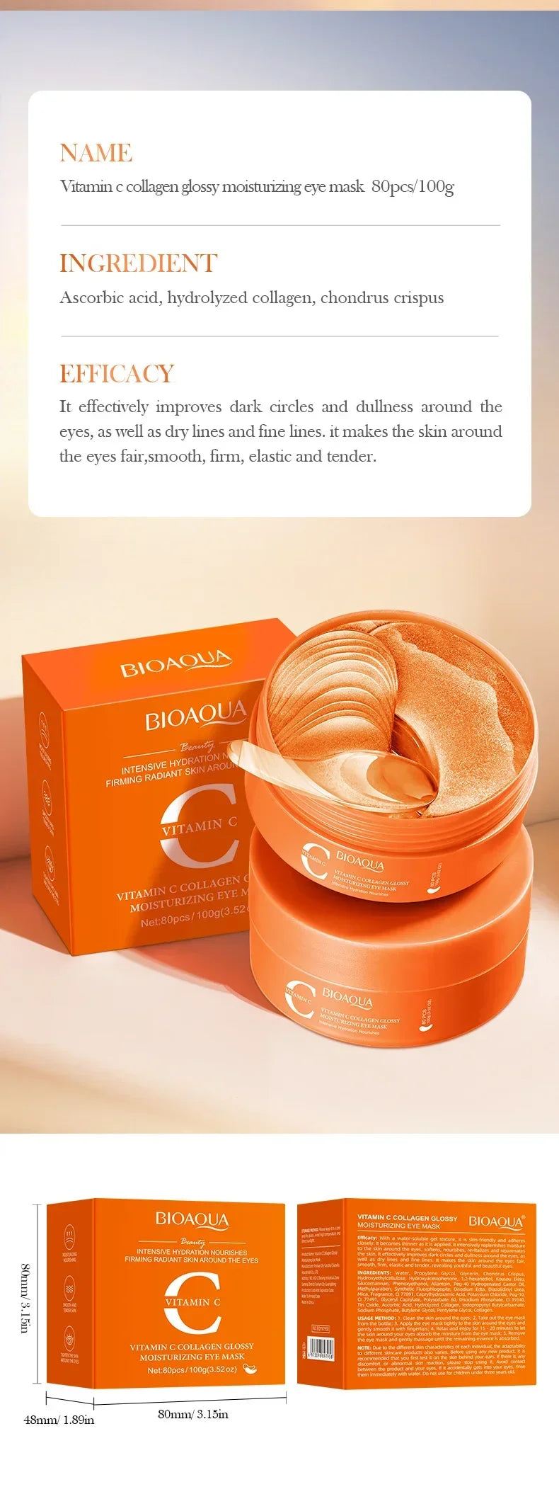 80pcs/40pair BIOAQUA Collagen Niacinamide/Retinol/Vitamin C Eye Mask Brightening Hydrating Anti Aging Under Eye Patches
