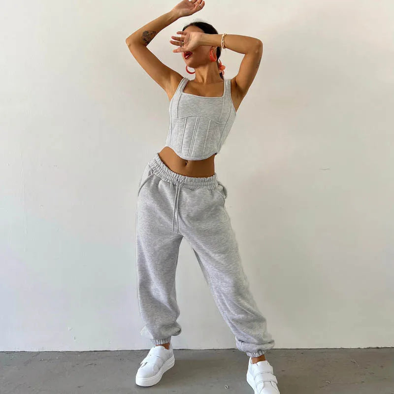 Women's Casual Sweatpants Set Belted Hooded Short Hoodie Corset Three-Piece Autumn Winter Comfortable Polyester Plus Size