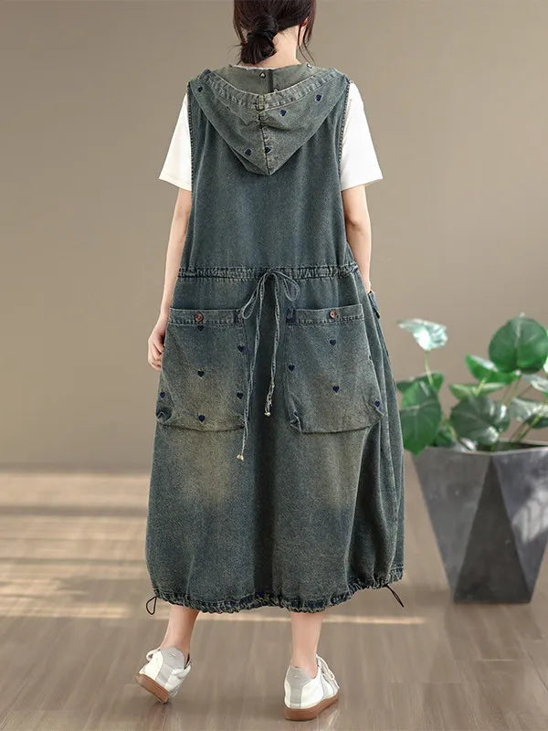 Original Denim Suspender Dres for Women Summer Fashion Vintage Big Pocket Mid-long Frocks Female Hip Hop Baggy Streetwear