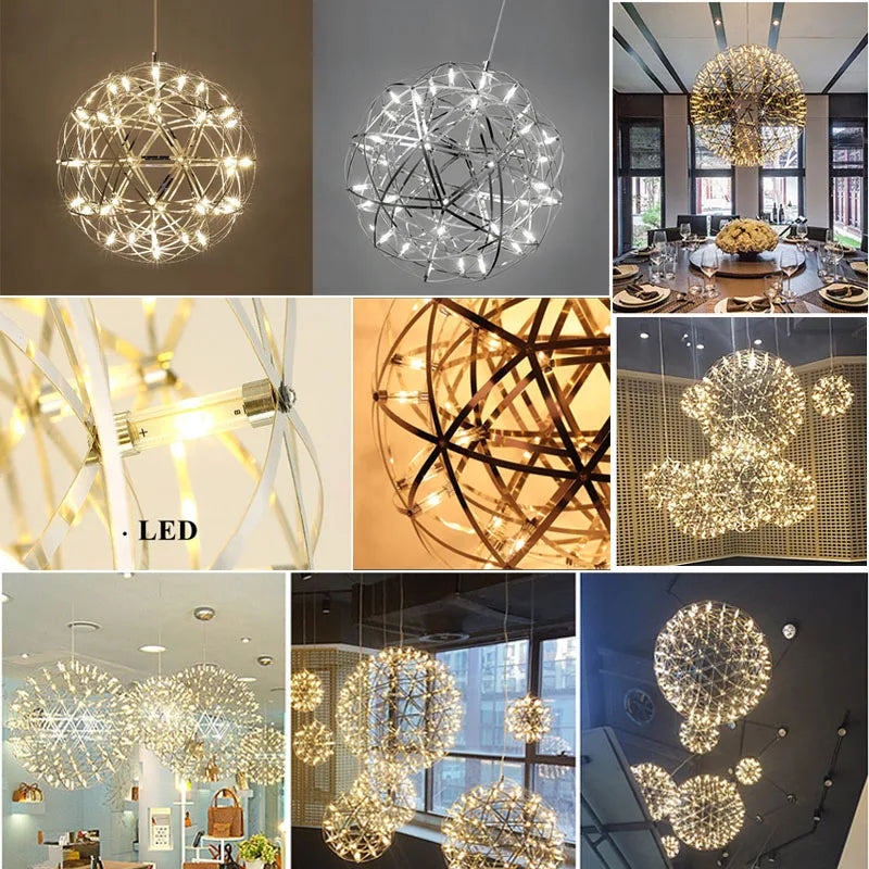 Modern Stainless Steel Spark Ball LED Pendant Light Dimmable Firework Dandelion Chandelier Loft Bar Bedroom Living Room Decor