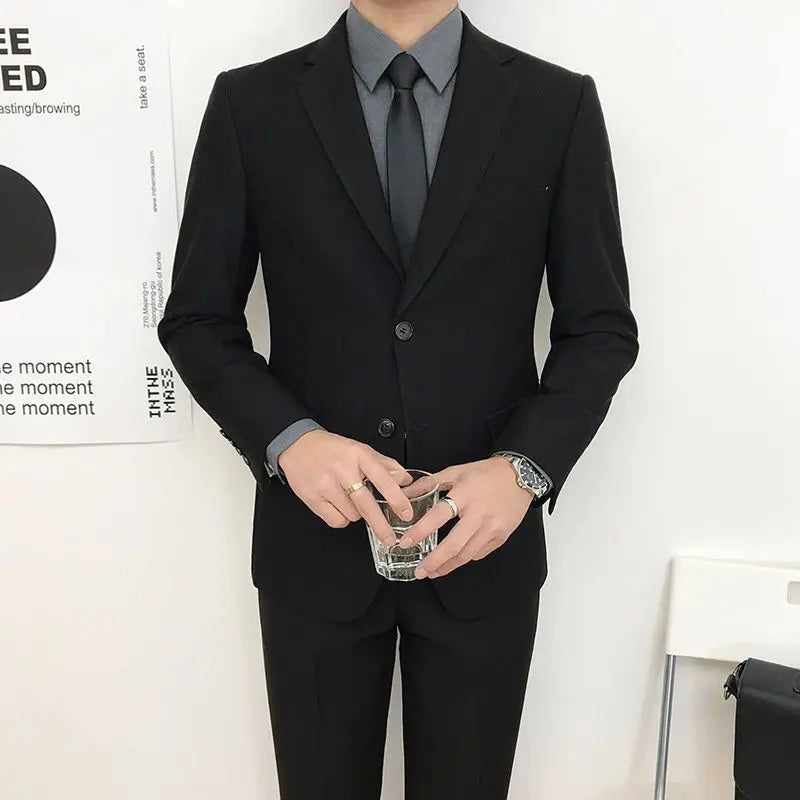 Men Slim Fit Business Casual Suit Set Long Sleeve Blazer Student Youth Formal Two Piece Outfit