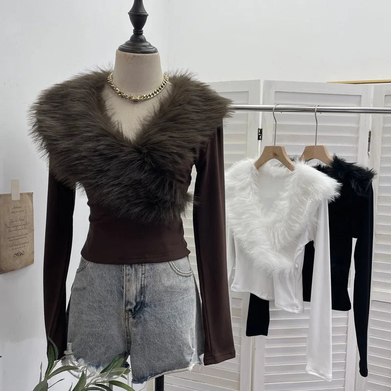 ISAROSE Big Artificial Fur Collar T-shirt for Women Y2K Solid Color V Neck Spring Autumn Sanded Fabric Lining Short Slim Tops