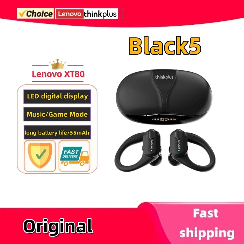 Original Lenovo XT80 Sports Wireless Earphones with Mics, LED Power Display,Hifi Stereo Sound Bluetooth 5.3 TWS HeadphHeadphones