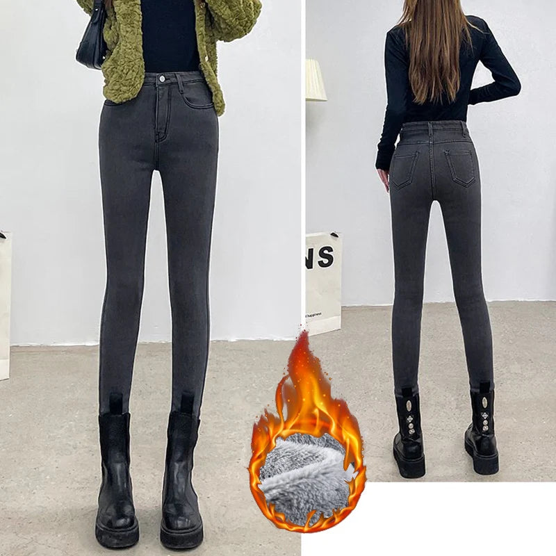 Lady Plush Thermal Jeans Winter Snow Warm Stretch Thin Jeans Women Fleece Pencil Pants Fashion Straight Leg Denim Trousers