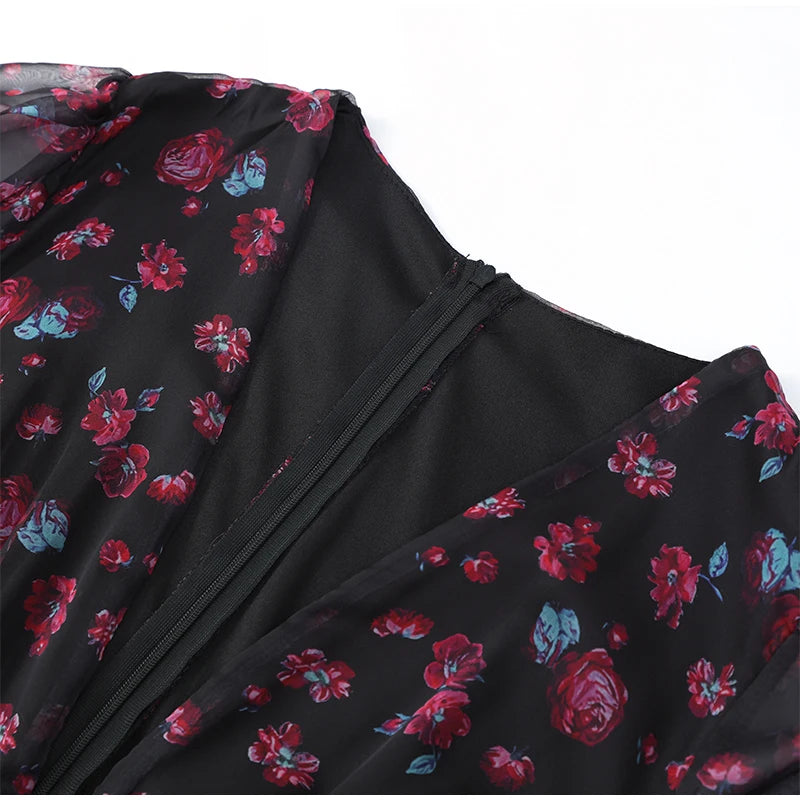 Red Floral Print Peter Pan Collar Dress Women Puff Sleeve V-neck High Waist A-line Mini Dresses Lady Evening Dinner Vestido 2026