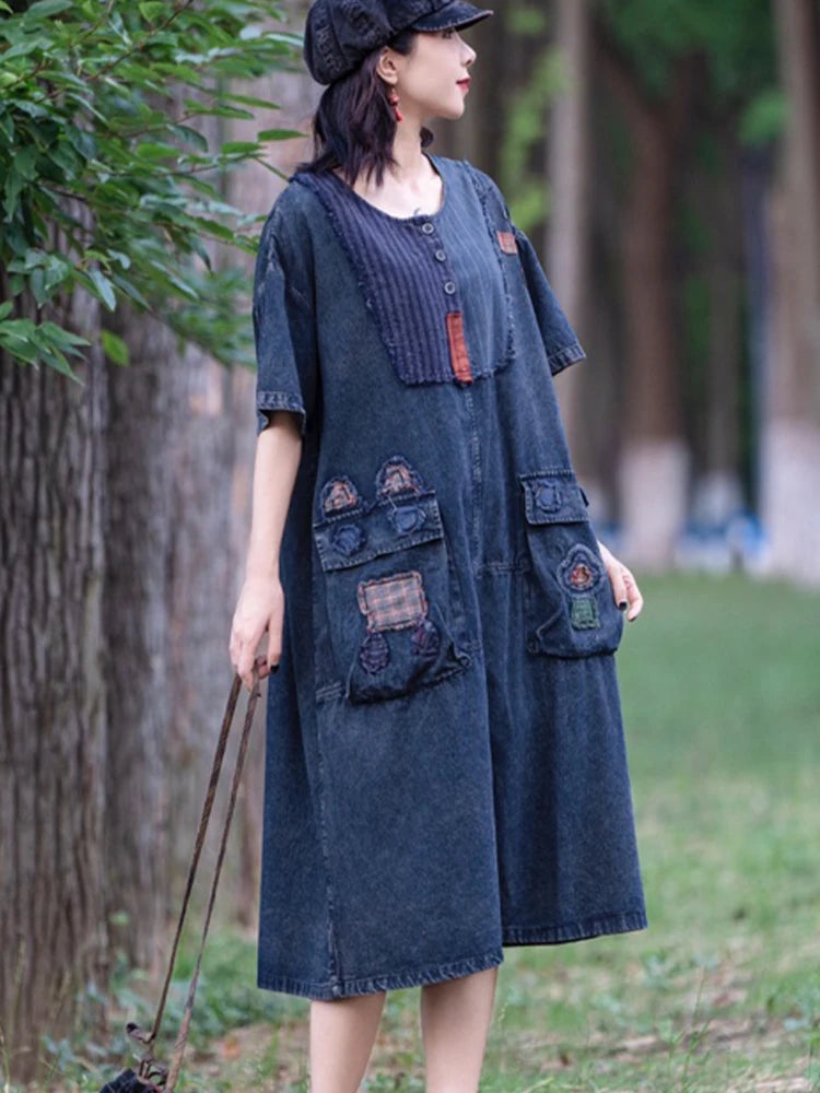 Amax LuluE Spring Womens Fashion Korean Design Denim Dress 2026 Vintage Loose Patchwork Vestidos Females Casual Classic Clothes