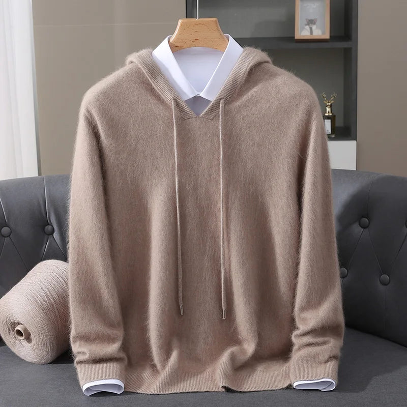 Autumn Winter New 100% Mink Cashmere Sweater Men's Solid Color Hooded Pullover Knitted Sweater Loose Casual Top For Outdoor Wear
