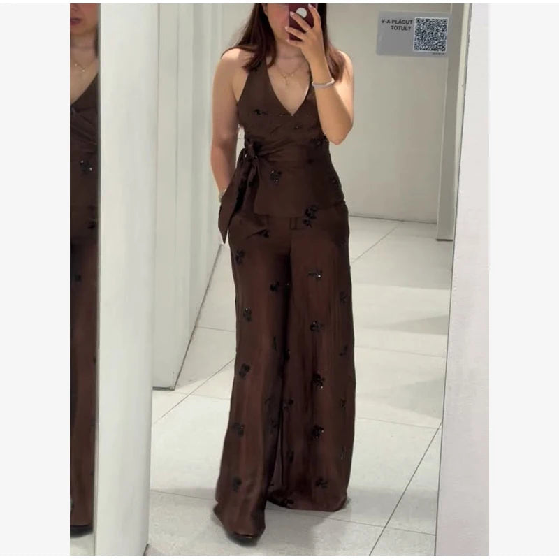 Fashion Floral Sequin 2-piece Outfit Women Tie Waist Wrap Sleeveless Top Wide Leg Pants 2026 Summer Lady Commute Street Outfits