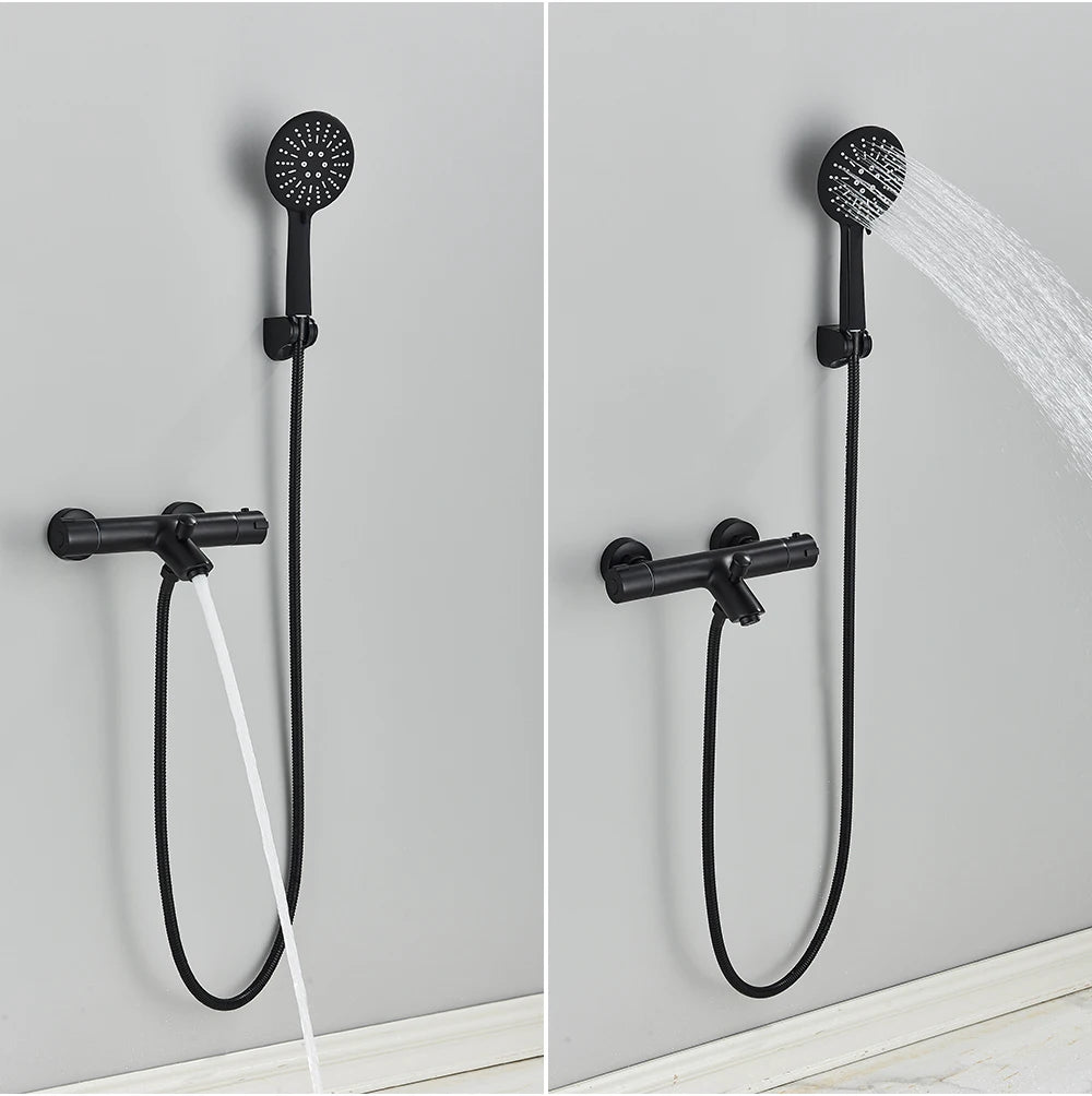 Thermostatic Shower Set Black/Chrome Brass Wall Mounted Bathroom Shower Thermostat Mixer Valve Handle Spray Bathroom Accessories