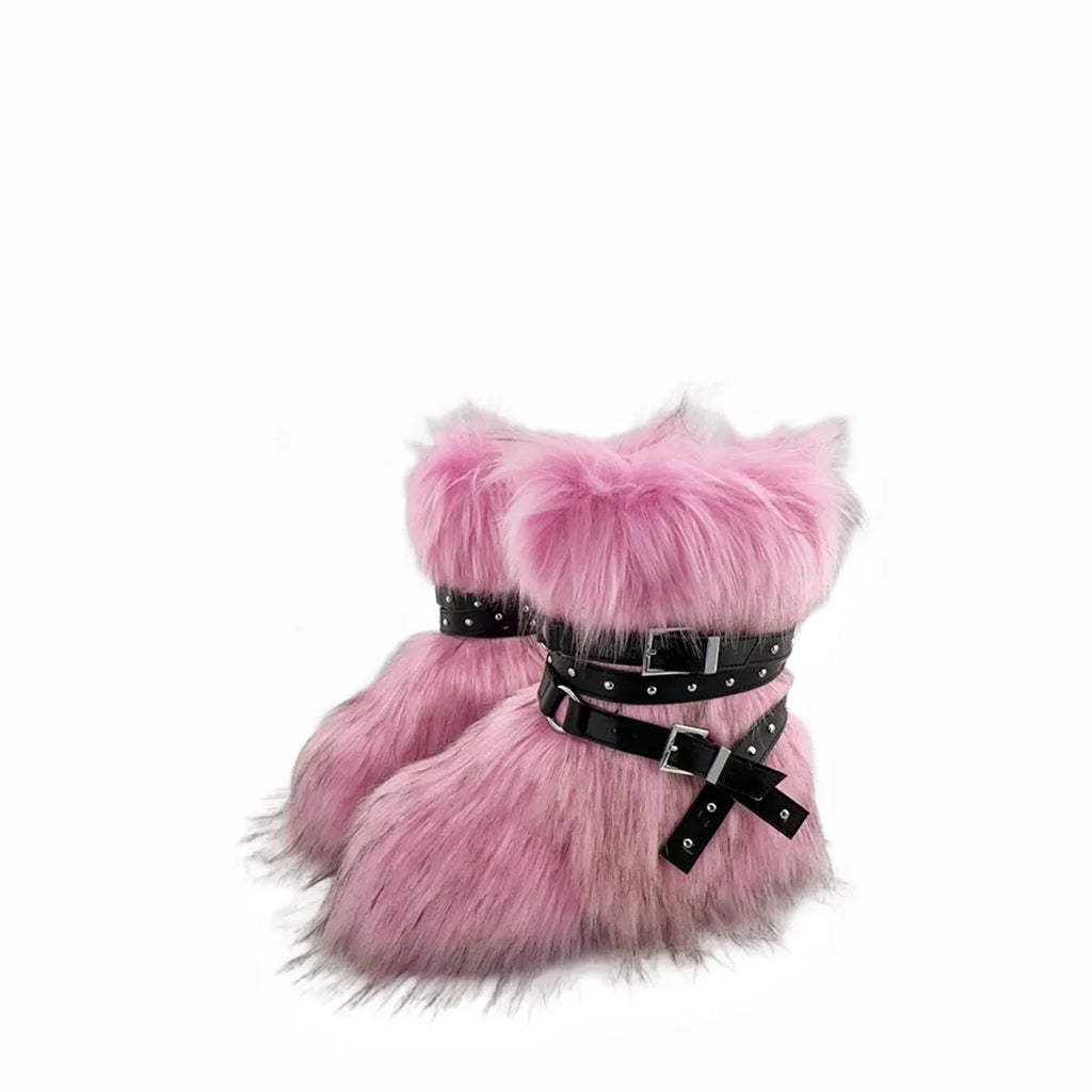 Winter Fur New Design Onepiece Raccoon FurFemale Snow Boots Fur shoes OutdoorMid Leg Boots y2k Cool Pink Girl