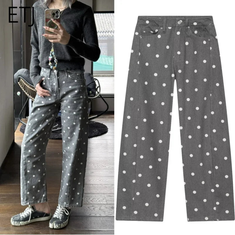 ETJ 2026 New Women's High Waist Polka Dot Wide Leg Jeans Casual Straight Denim Pants Fashion Summer Loose Fit Trousers