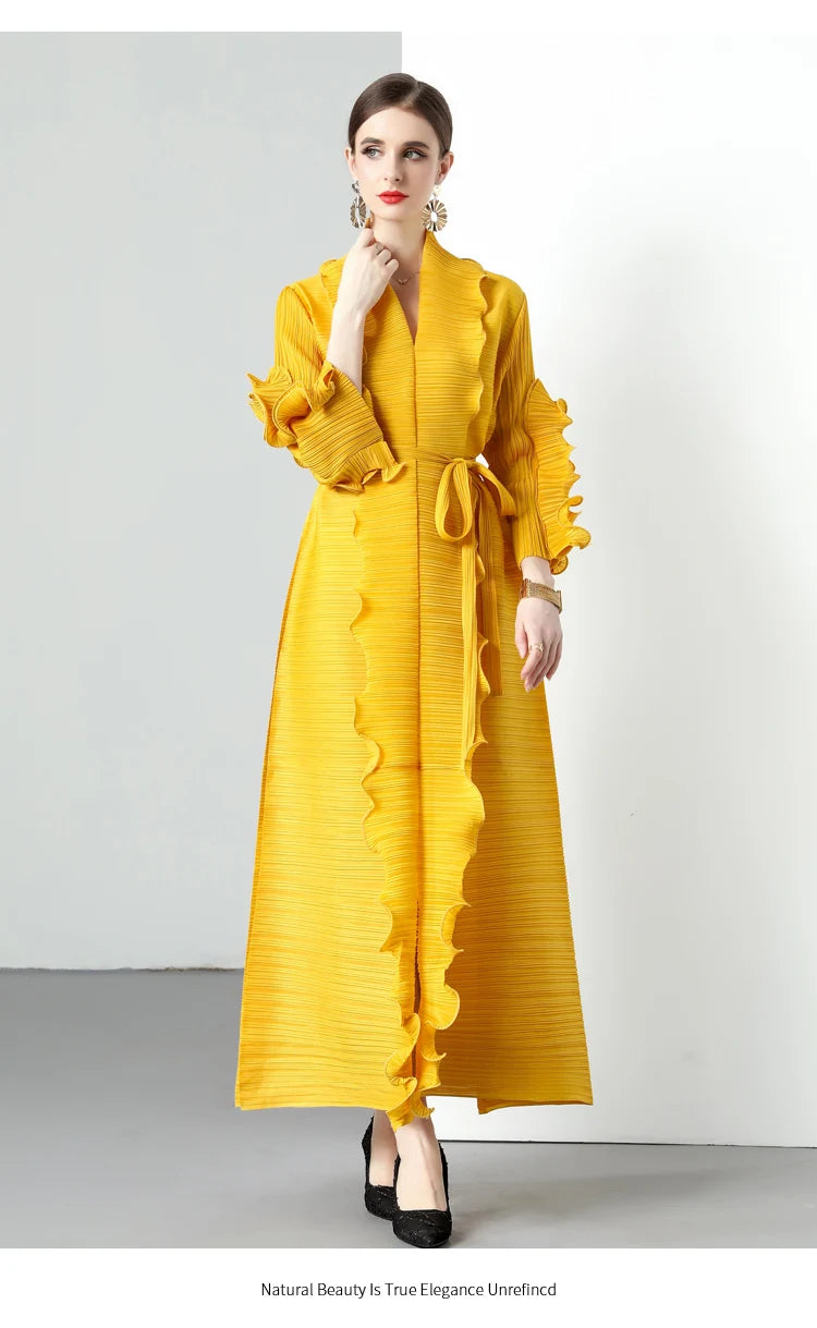 2024 Miyake Ruffled Early Spring and Autumn New Long Sleeve Ruffled High Elastic Dress V-neck Long Sleeve Women's Dress