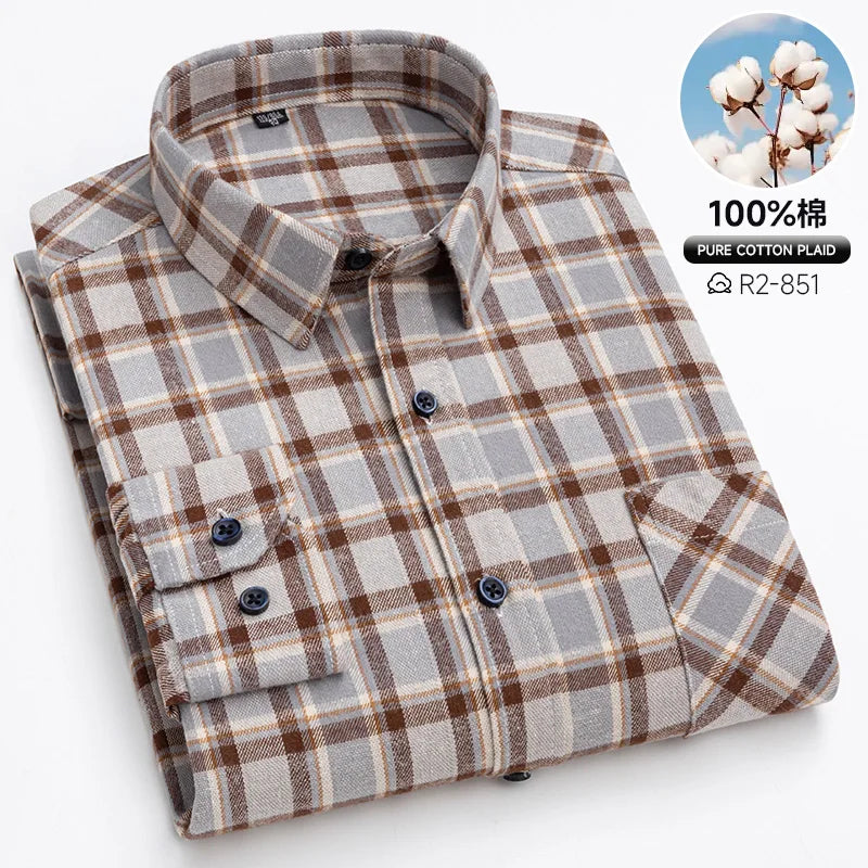 Classic Retro Plaid Flannel Shirt Long Sleeve 100% Cotton Fashion Casual Soft Spring Autumn Winter Standard Pocket Men's Shirt