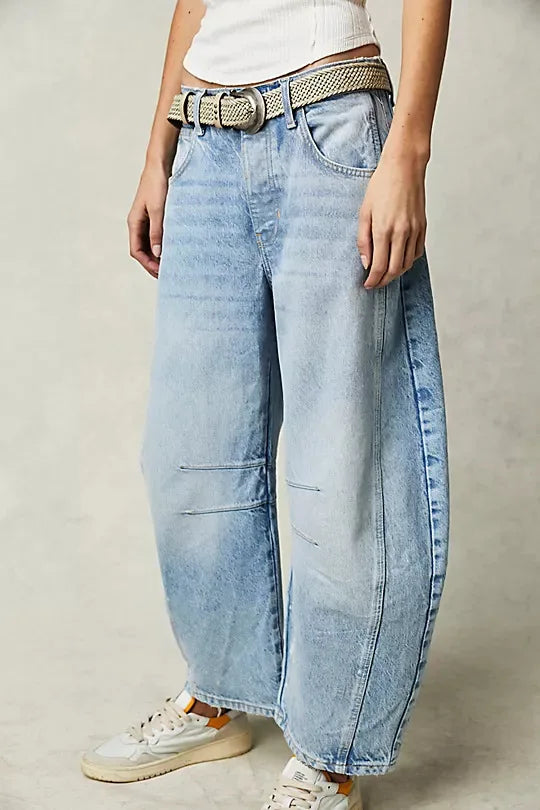 Cotton Denim Long Jeans for Women Trousers Casual High Waisted Jeans Cropped Pants Spring Summer Boho Beach Ladies Baggy Jeans
