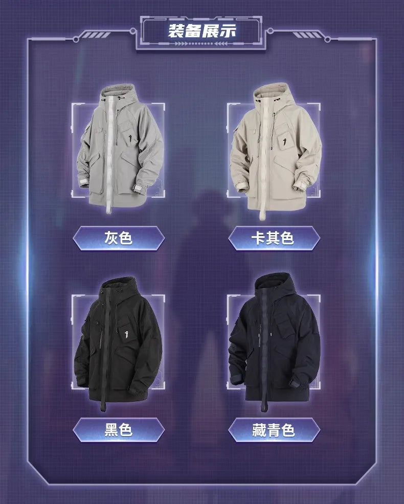 Spring New 2025 Outdoor Hardshell Jacket Men's Loose Punk Style High Street Stand Collar Hooded Coat Fashion Personality Top
