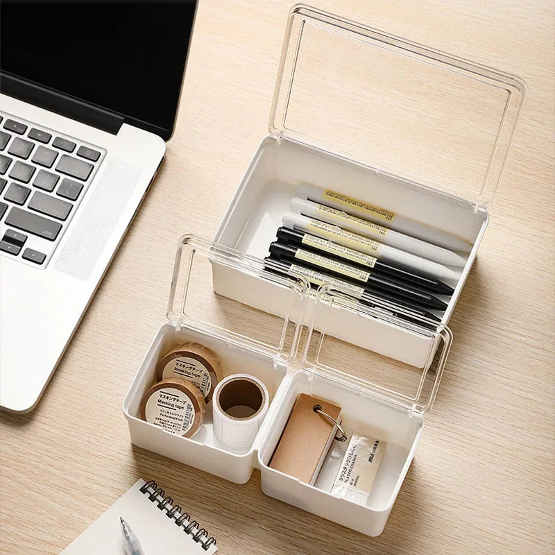 Double-Open Transparent Lid Storage Box - Multi-Purpose Organizer Container for Stationery, Cosmetics & Home Small Item Tidy