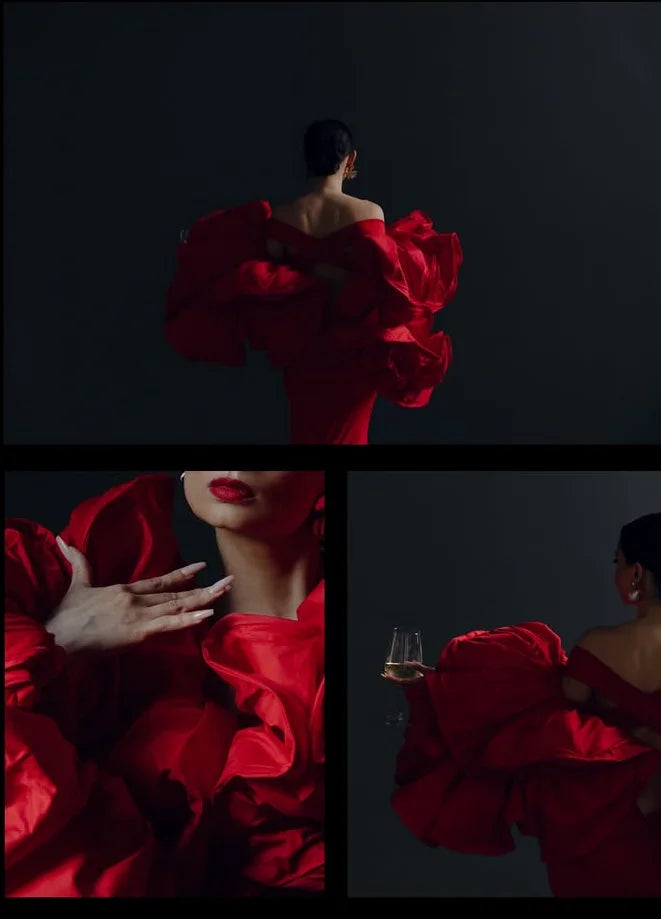 Stunning Red Dresses Off Shoulder Ruched Maxi Gown Mermaid F,oral Sleeve Party Dress Ruffles Vestido de Novia