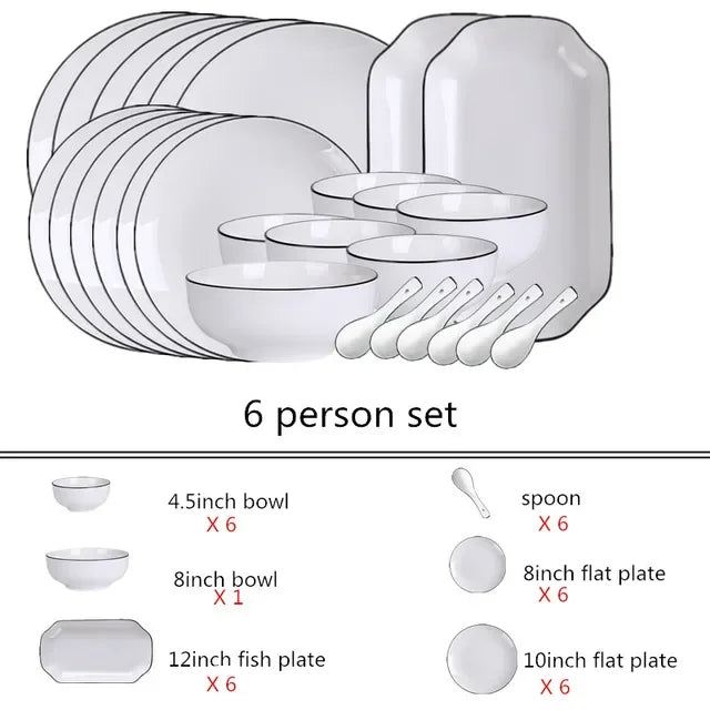 White With Black Dinner Plate Set Ceramic Serving Tray Food Dishes Rice Salad Noodles Bowl Soup Kitchen Dinnerware