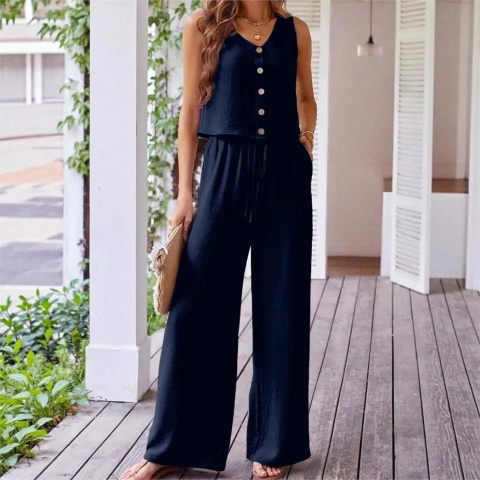 Fashion Single Breasted Vest Women's Trousers 2-piece Set Summer Elegant Casual Loose Wide-leg Pants Pocket Female Office Suit