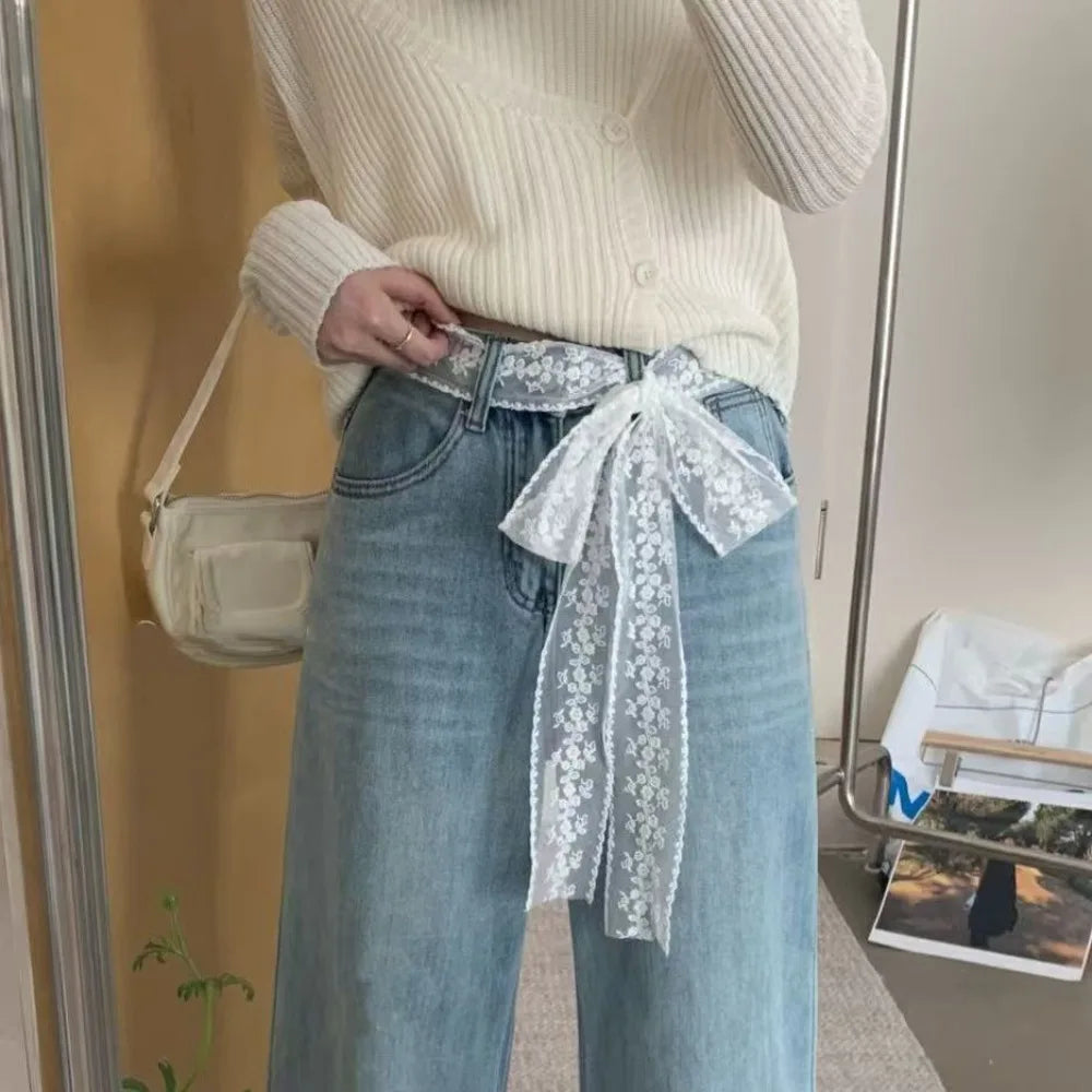 Korean Y2k Long Lace Waistband Floral Thin Lace Waist Belt Tie Up Bow Dress Jeans Belt Summer