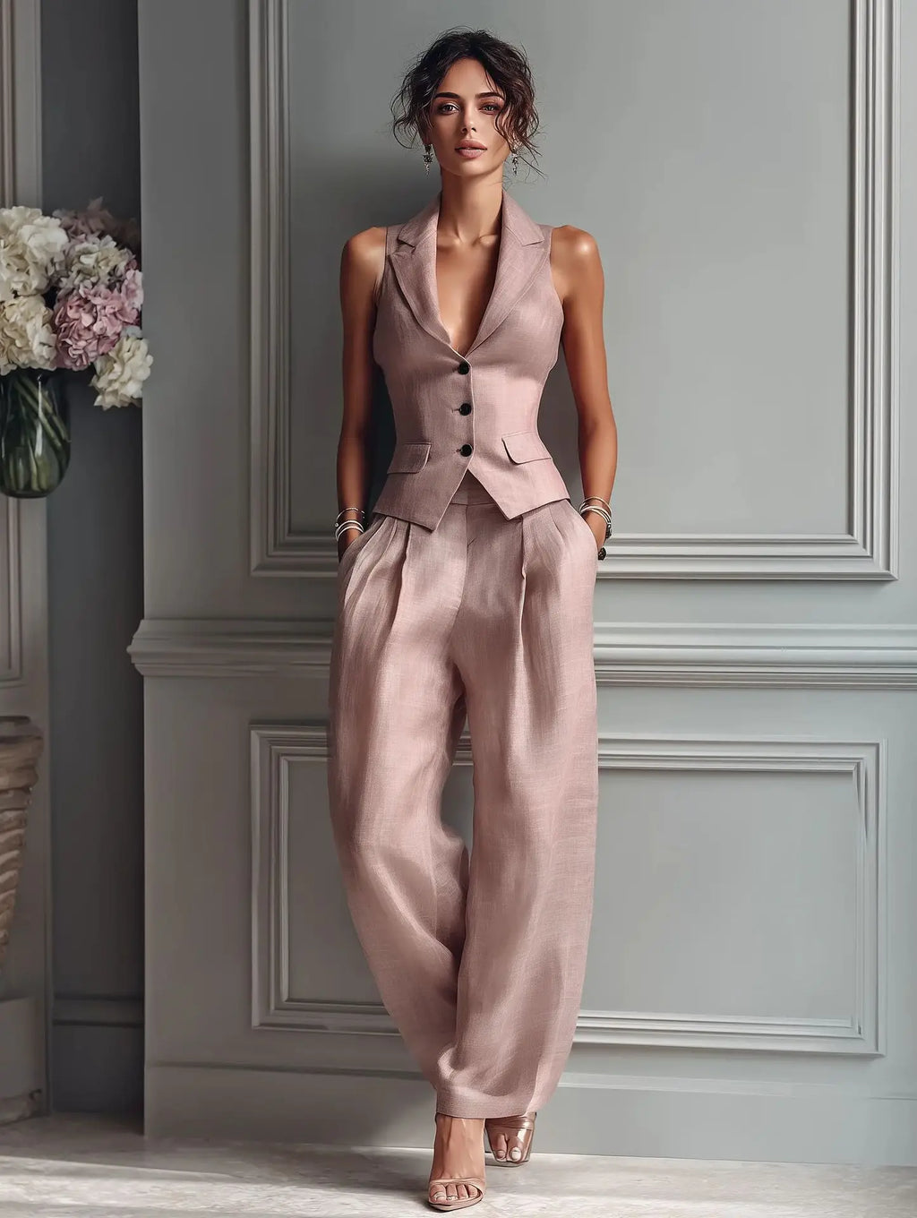 2026 Summer Women Two Piece Set Single-breasted Sleeveless Vest Top And Trousers Pants Set Suit Office Ladies Suits
