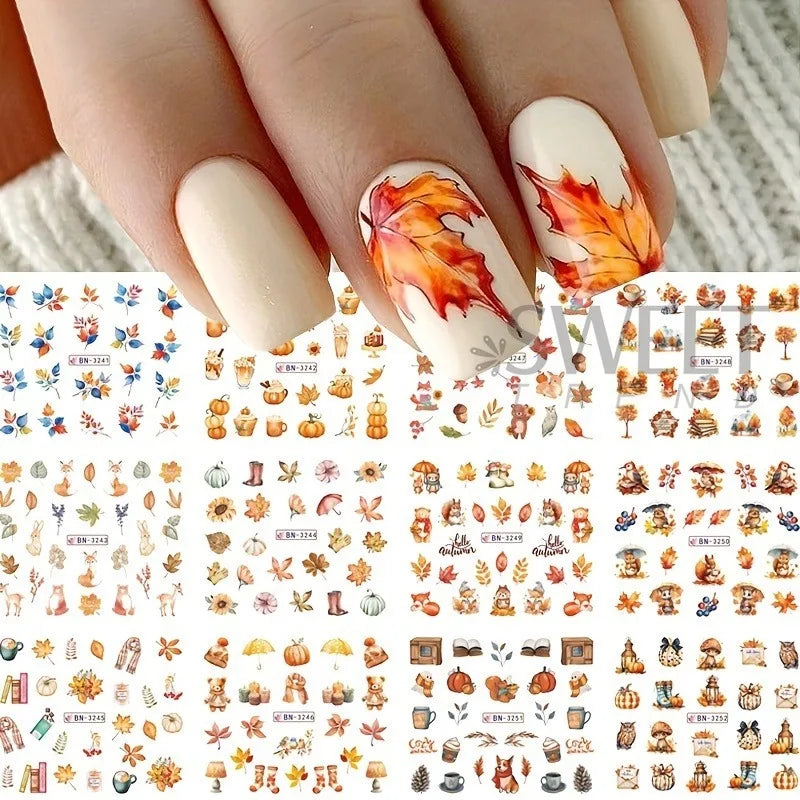12 Designs Autumn Maple Leaf Squirrel Pumpkin Water Nail Stickers Fall Season Element Watermark Sliders DIY Manicure Decal Foils