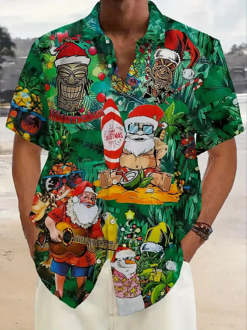 Men's Christmas Santa Beach Vacation Shirts 3D Print Casual Short Sleeve Button Up Hawaiian Shirts Blouse For Men Aloha Shirt