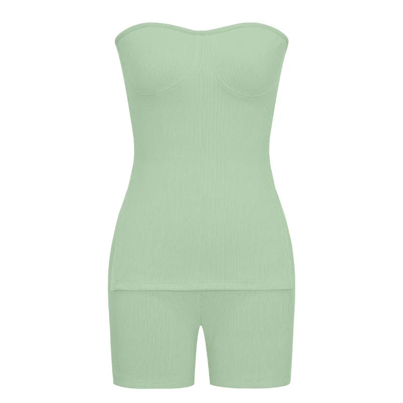 Sexy Solid Slim Suit For Women Fashion Strapless Side Split Top Elastic Waist Package Hip Shorts Two Piece Set 2026 Summer New