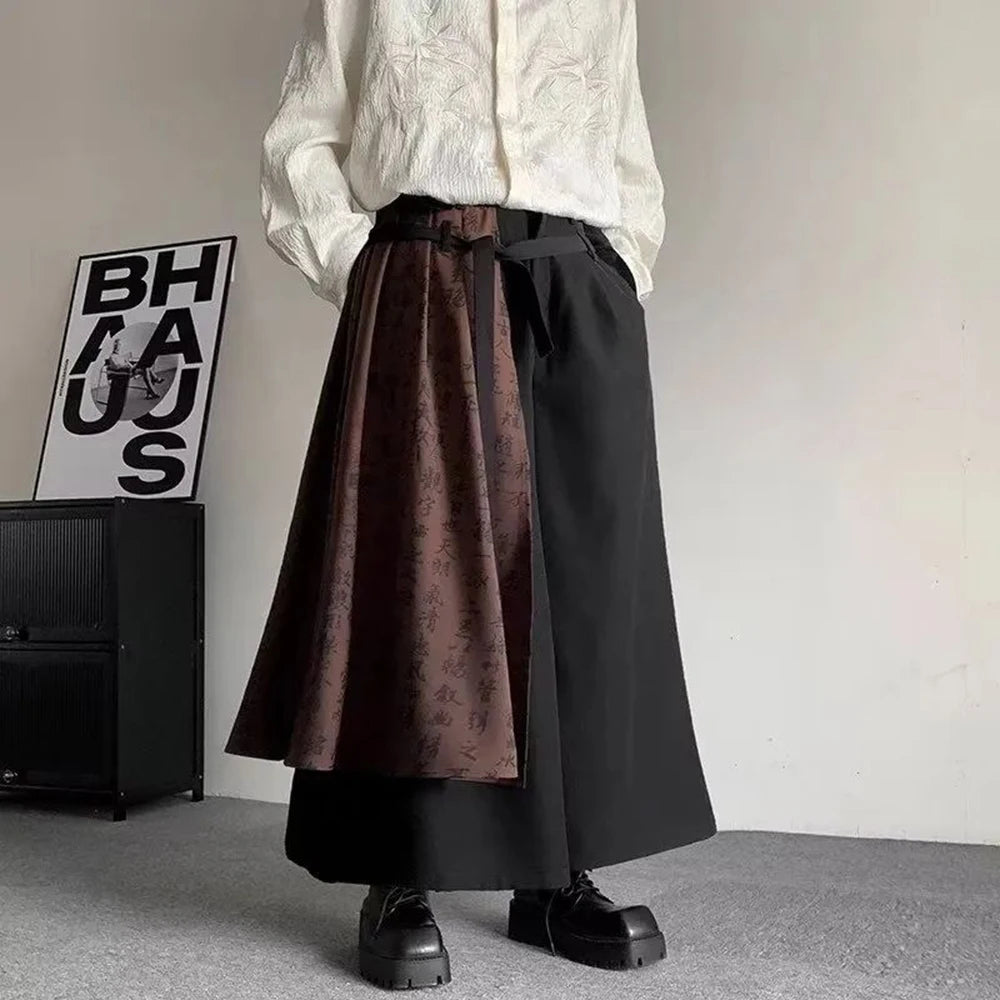 2026 Autumn Winter Mens Double Layer Chinese Calligraphy Splicing Irregular Culottes  Genderless Waist Strap Loose Wide Leg Pant