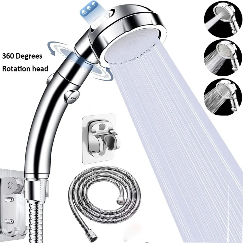 3 Modes Shower Head Set With Hose and Holder High Pressure Water Saving One Key Stop Waterfall Showerheads Bathroom Accessories
