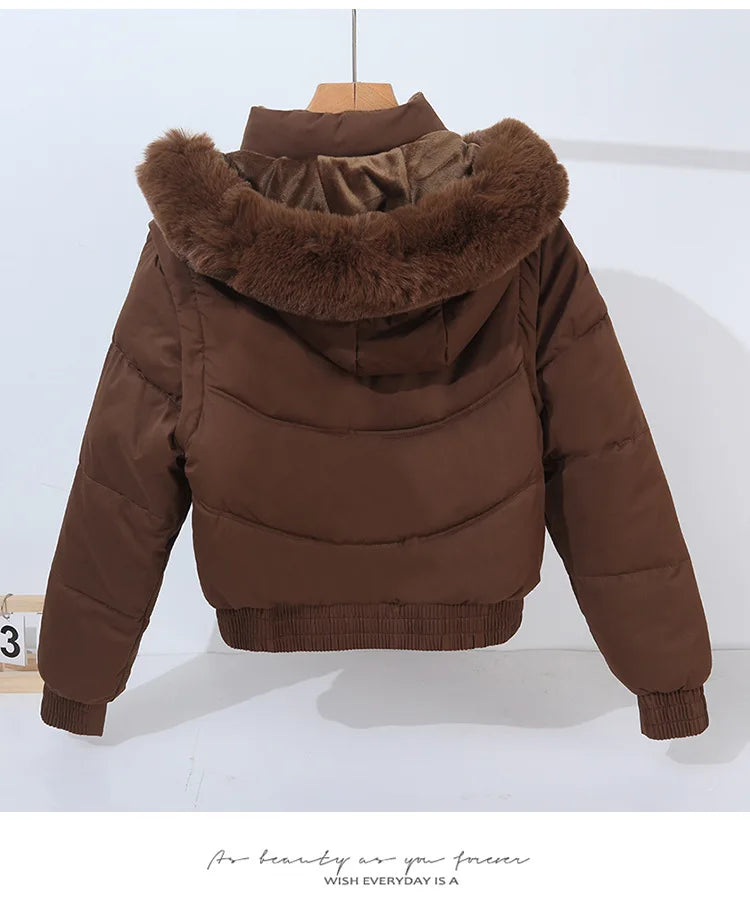 Winter Thickened Short Korean-Style Cotton-Padded Jacket with Fur Collar for Petite Women Warm Coat down Filled