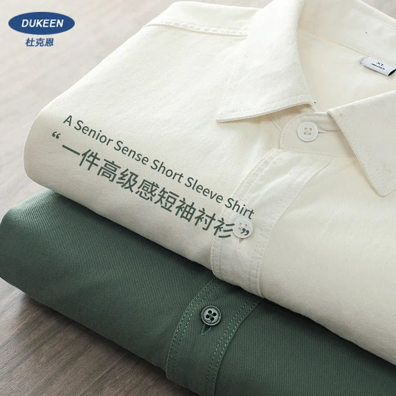 Dukeen Heavyweight Short-Sleeved Shirt Men's Summer Solid Color Lapel Pocket Casual Shirt Cotton White Shirts