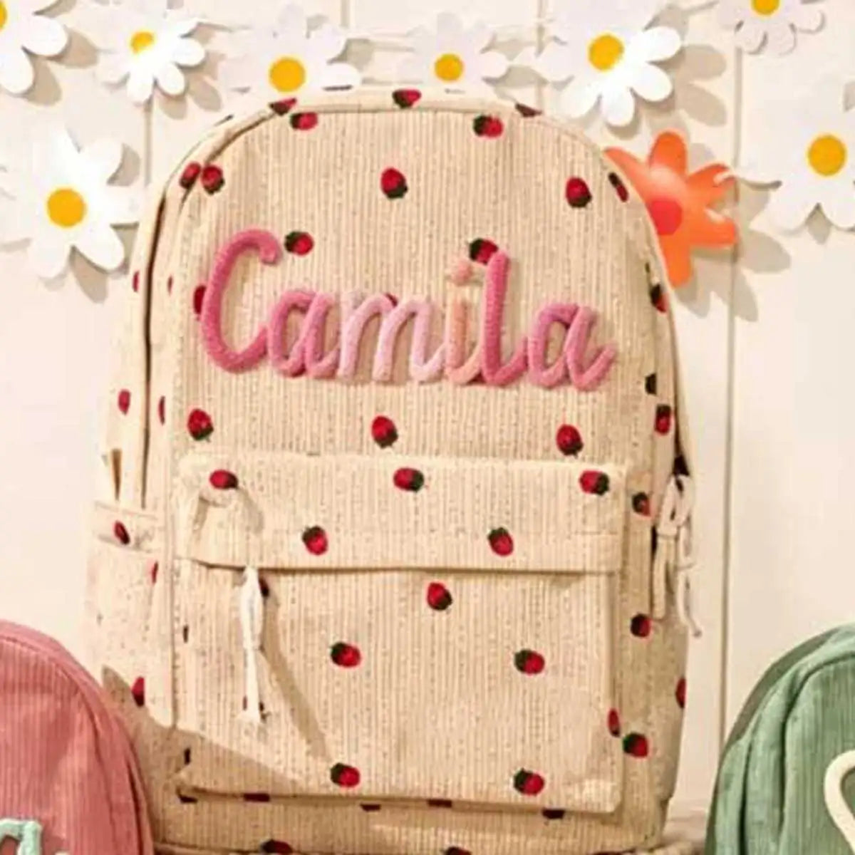 1pc Personalized Corduroy Backpack, Strawberry/Checkered Pattern, Simple and Spacious, Perfect Back-to-School Gift