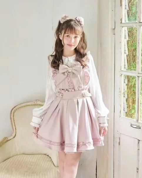 Japanese Liz Dress Sweet Girls Mine Bow Two-Way Detachable Apron Suspender Dress Women's Slim Bow Sleeveless Strap Dress Girls