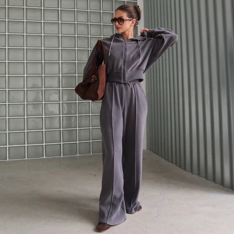 Casual Hooded Coats Long Pants Sets Women's Full Sleeve Draw-string Zipper Tops Wide-leg Trousers 2026 New Ladies Spring Outwear