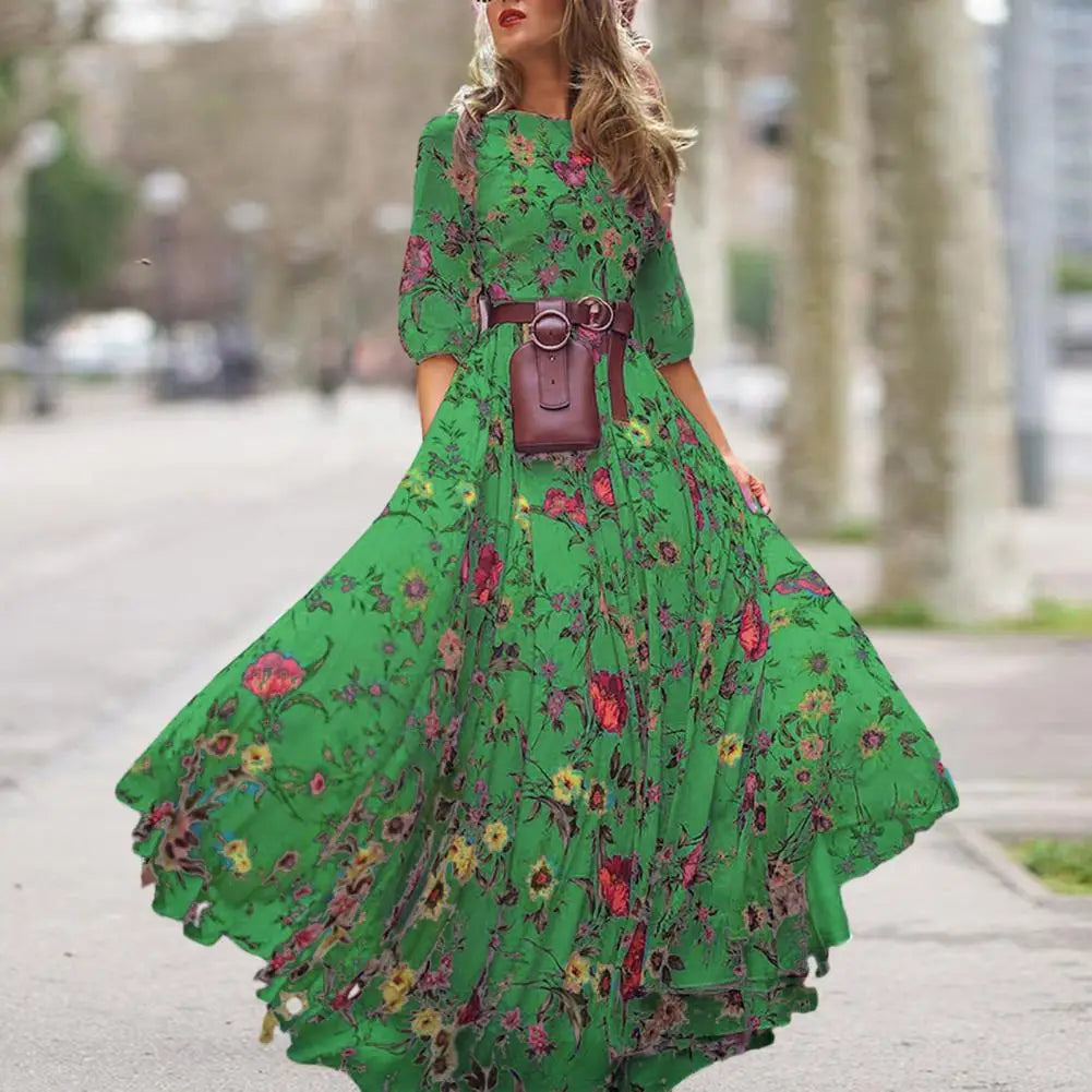Women Printed Chiffon Dress Elegant Floral Maxi Dress for Women A-line Silhouette with High Waist Half Sleeves for Spring Fall