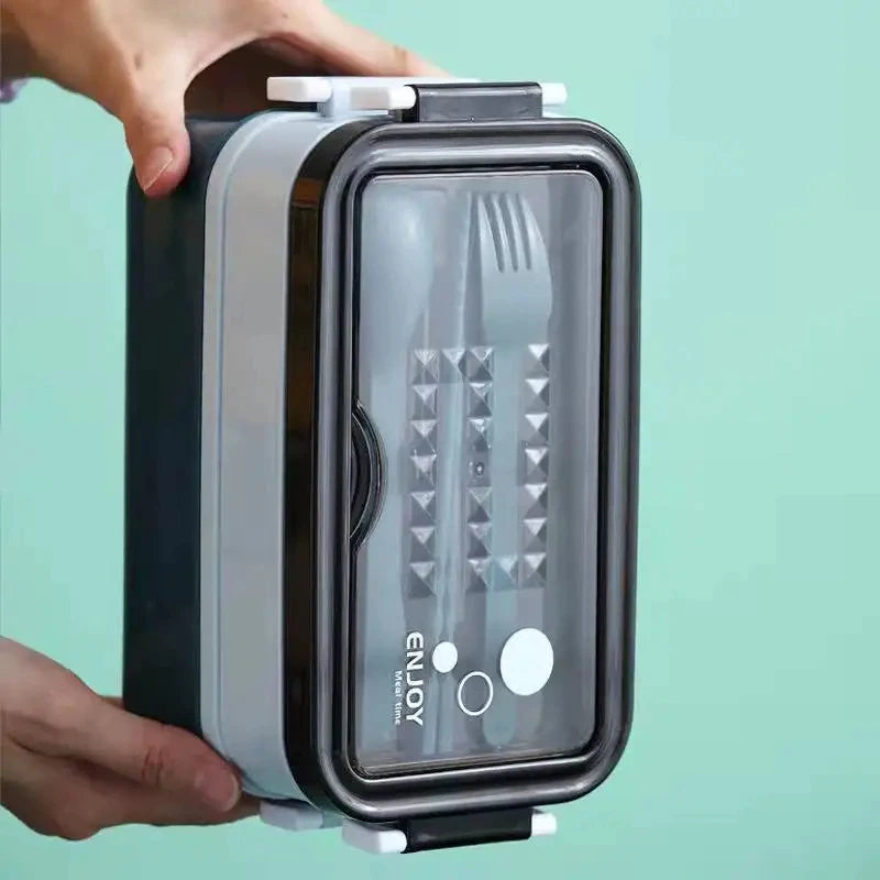1Pc 1400ml Double-Layer Lunch Box, Portable Compartment Food Container, Microwave Safe with Fork, Chopsticks & Spoon for Picnic