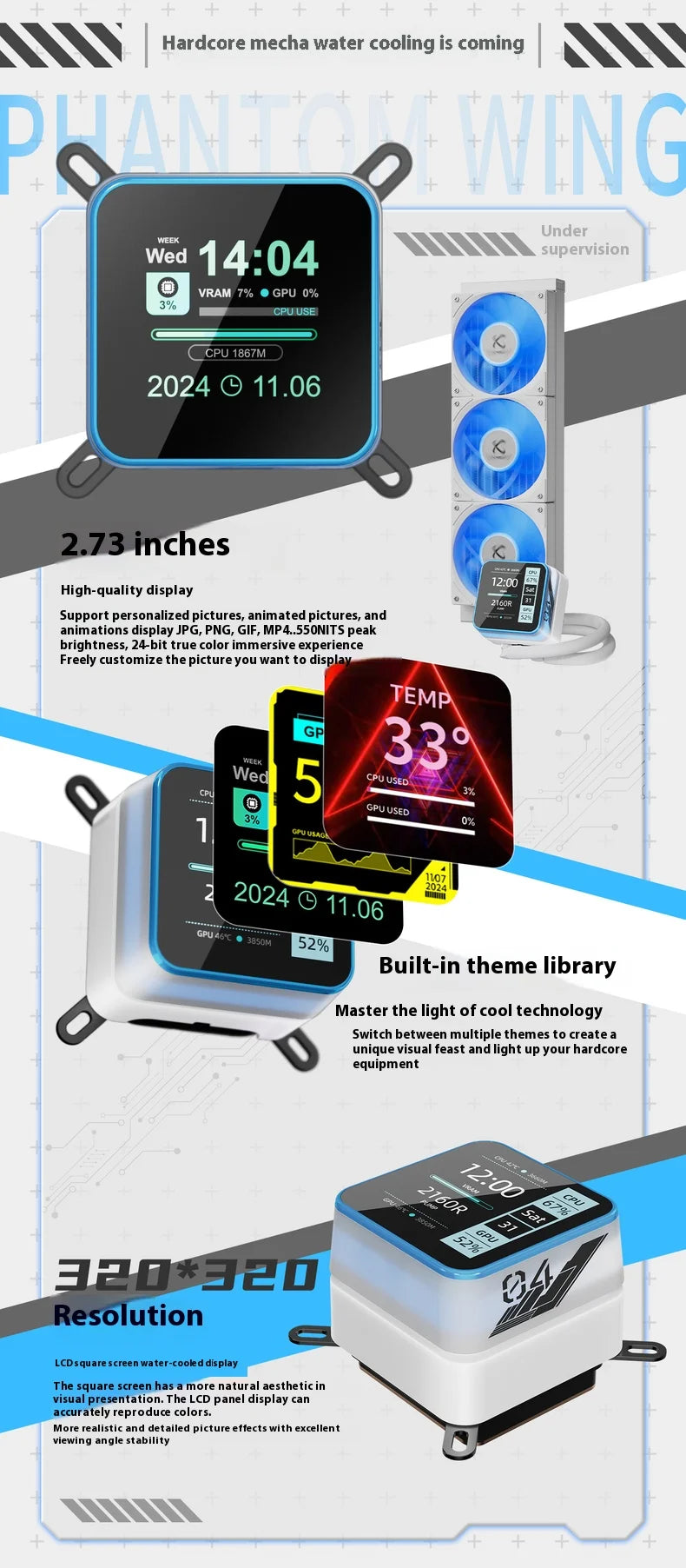 Power Train X-GAMERX S360 ARGB DIY screen display 2.73-inch LCD SCREEN Water Cooling 360mm Radiator 5V-3PIN CPU cooler