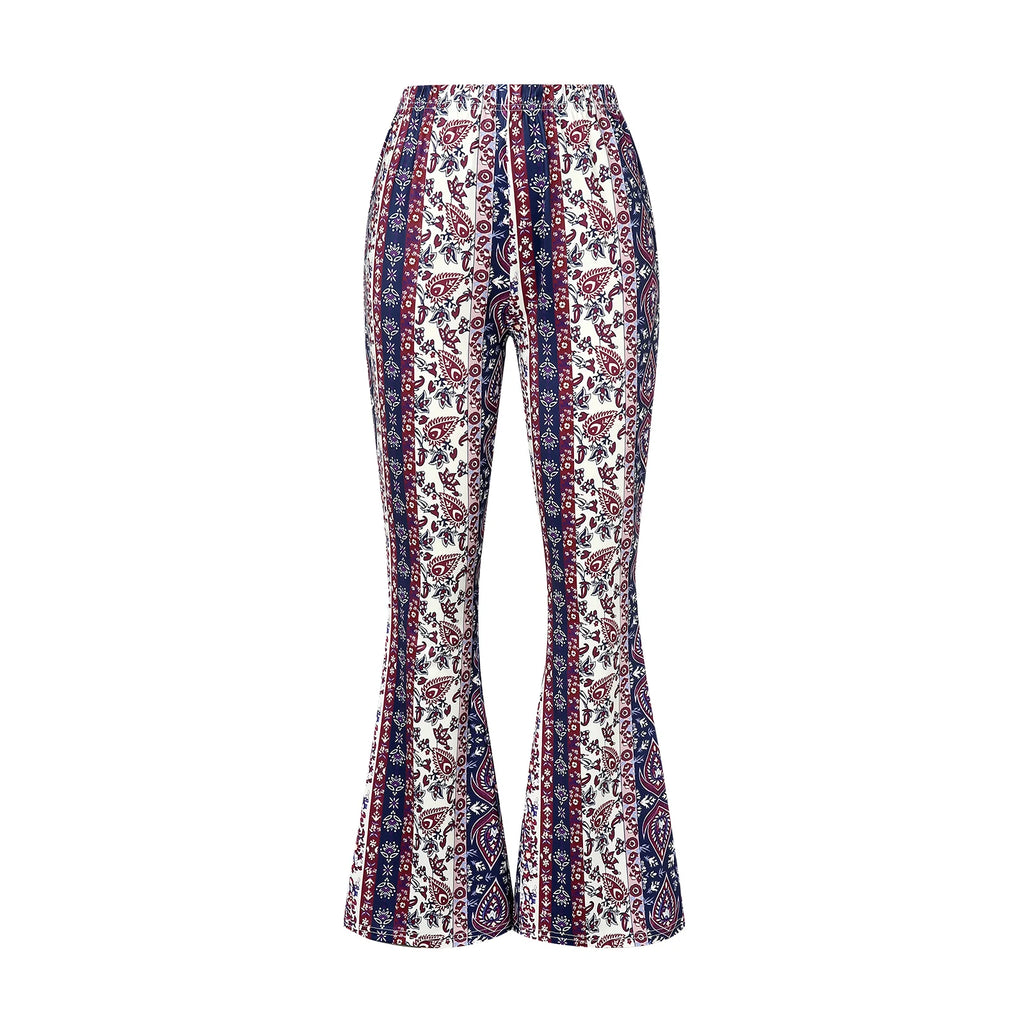 Women Spring Summer Floral Print Elastic Waist Flare Pants Casual High Waist Slimming Long Pants Trousers Leggings Streetwear