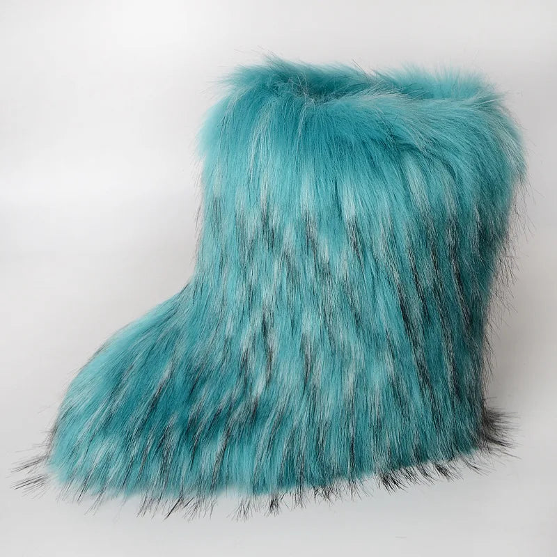 Women's Winter Snow Boots Outdoor Luxury Furry Faux Fox Fur Boots Woman Plush Warm Platform Shoes New Fashion Bottes Big Size 46