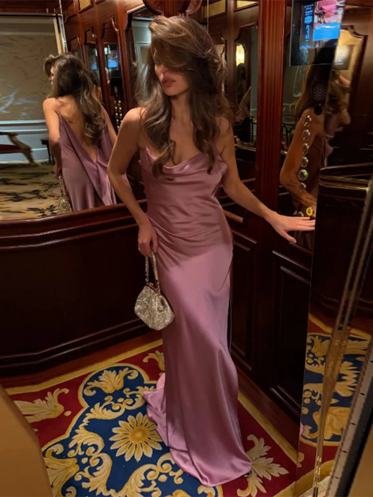 Backless Women Dress Satin Spaghetti Strap Maxi Dresses Back Tail Cowl Drape Front Neck Side Split Hem Elegant Evening Bodycon