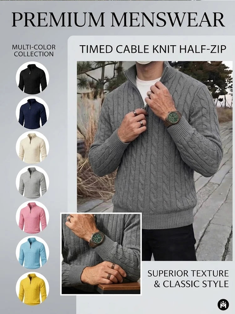 New Men's Cable Knit Half Zip Sweater Jacket Casual Long Sleeve Knitted Pullover Autumn Winter Warm Cardigan Outerwear Coats