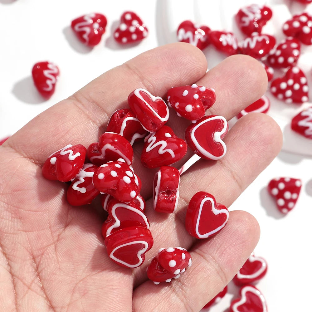 5Pcs Red Heart Lampwork Glass Beads Charm Dot Love Peach Loose Bead for DIY Craft Jewelry Making Necklace Bracelet Accessories